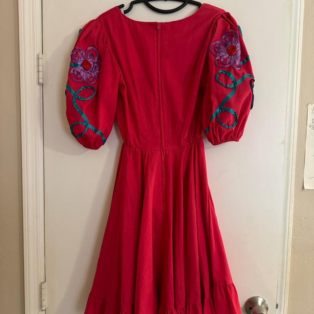 vintage high waisted ribbon embroidered pink ruffle party dress RARE Small S